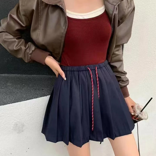 Kpop Drawstring Suit Pleated Skirt for Women Autumn Casual High Waisted Mini Skirt Women Preppy Style Slim Fit A-line Tennis Skirt