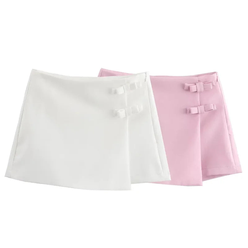 TRAF Bow Pink Skort For Women High Waist Mini White Skirt Pants Fashion Summer Women's Skort Streetwear Asymmetric Culottes