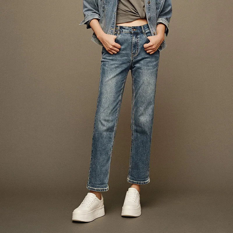 Semir Jeans Women Distressed Long Trousers 2024 New Winter Fleece Straight-Leg Trousers