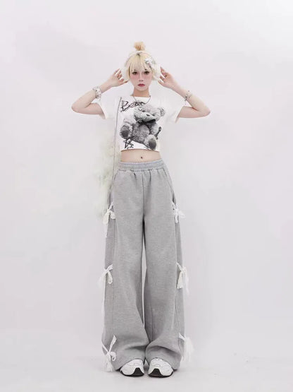 Women's Grey Lace Lace-up Pants Vintage Y2k Harajuku 90s Aesthetic Sweatpants Retro High Waist Wide Trousers 2000s Clothes 2024