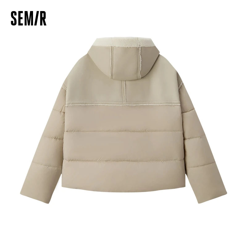 Semir Cotton Jacket Women Patchwork Loose Cotton Jacket Retro 2024 Winter New Furry Hooded Puffer Coat Trendy Cotton Jacket