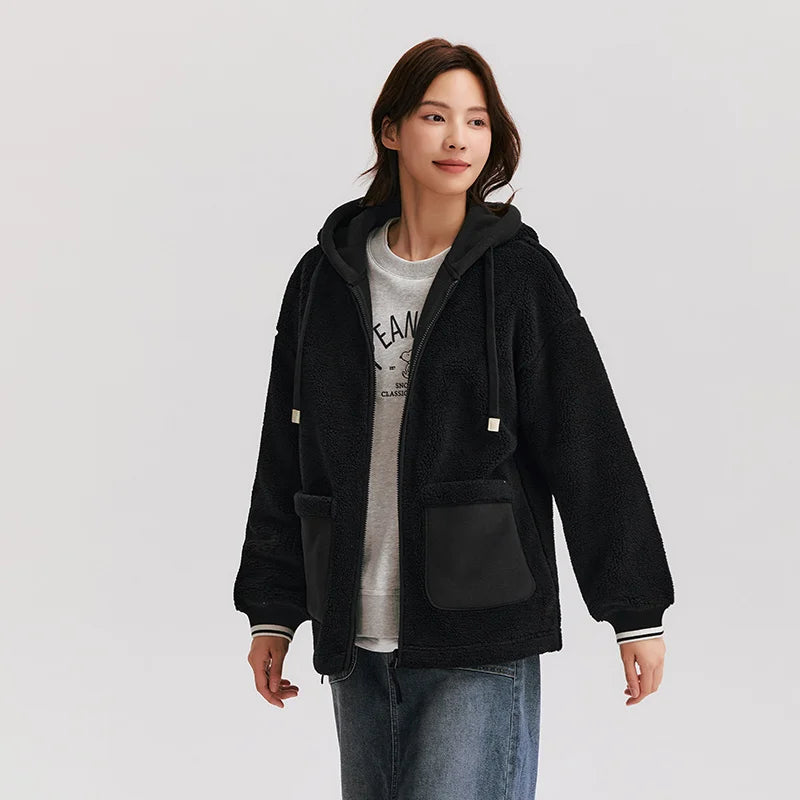 Semir Coat Women Imitation Lamb Wool Polar Fleece Double-Sided Wear Loose 2024 New Winter Contrast Color Simple Hooded Jacket