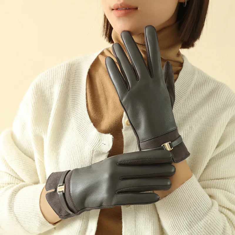 Women Winter Suede Leather Keep Warm Touch Screen Fashion Elegant Gloves Business Style Lightly Waterproof Metal Buckle