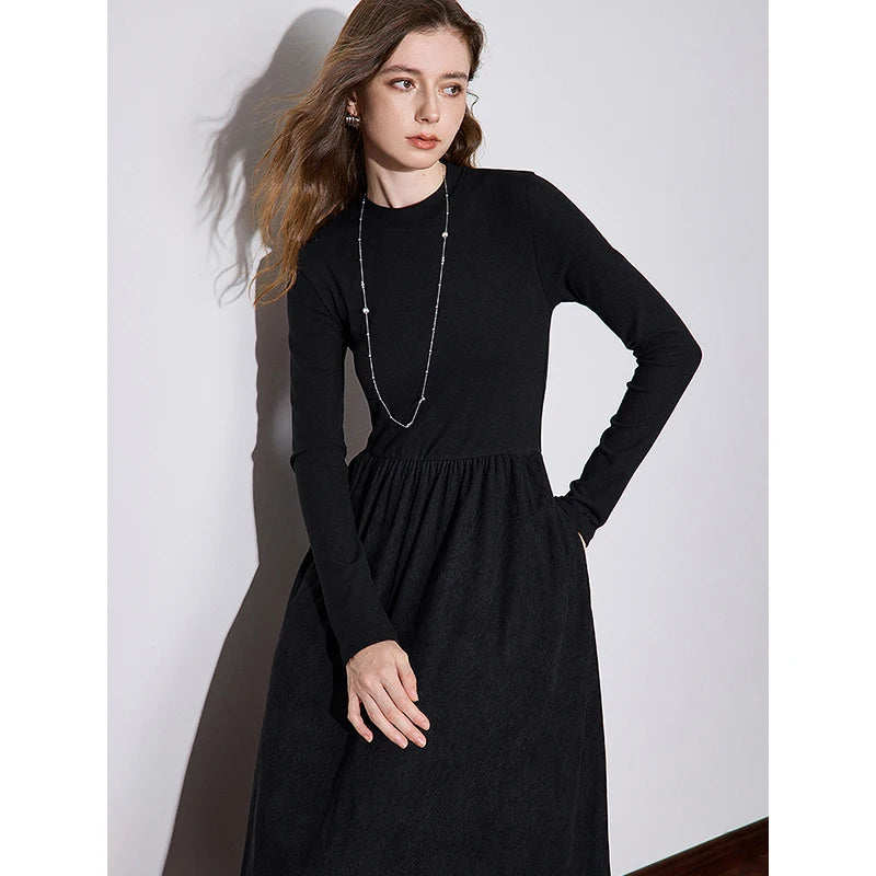 TOYOUTH Women Dress 2024 Autumn Winter New Corduroy Splicing Thick Slim Waist Solid Color Warm Bottom Black Dress