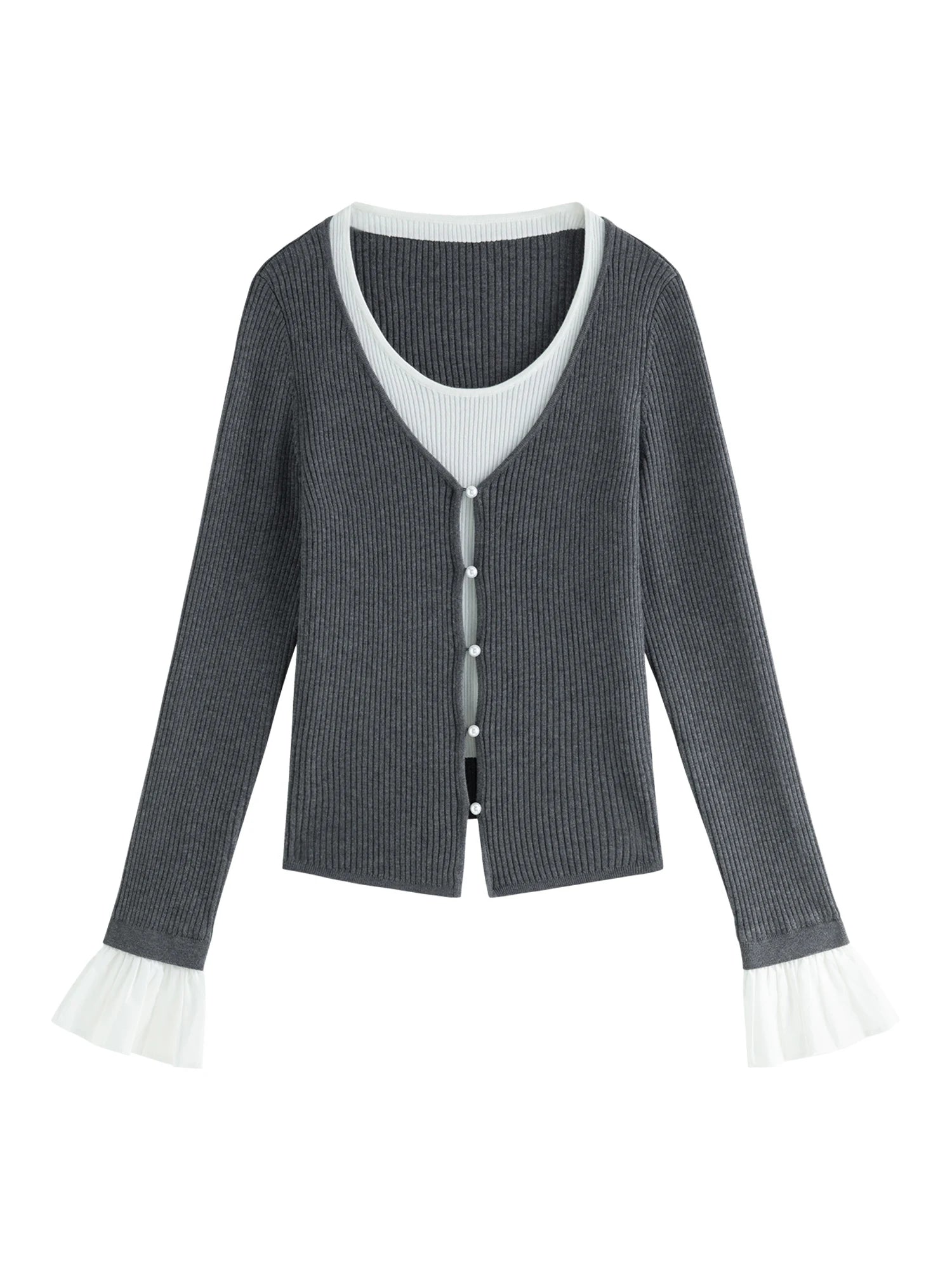 FSLE Fake Two-pieces Contrast Color Stitching Knit Sweater For Women 2024 Autumn Winter All-match Casual Tops 24FS14178