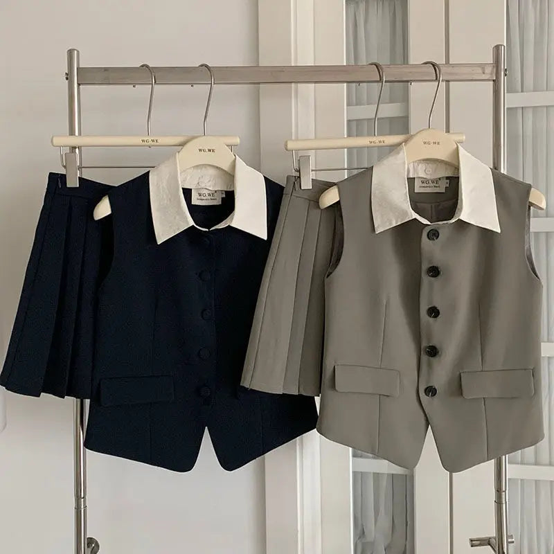 Black Two Piece Sets Women Outfits Spring and Summer New Korean Fashion Commuting Slim Suit Vest Top Pleated Short Skirt Set
