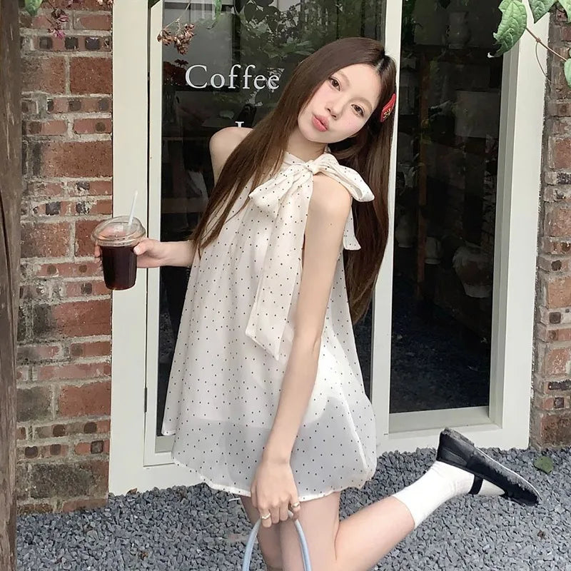 Bow Halter Lace Up Blouses Women Polka Dot Korean Tender Princess Style Sleeveless Tops Summer New Design Students Sweet Girls