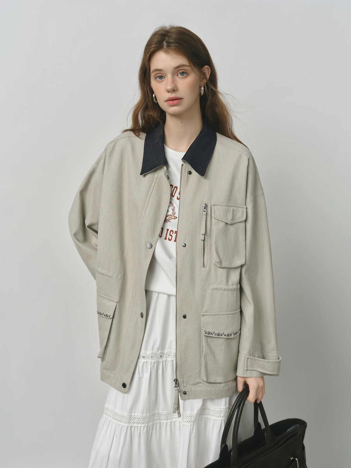 FSLE 2025 Women's Vintage Utility Jacket - Short Cropped Contrast Collar Autumn Casual Coat with Retro Design & Relaxed Fit