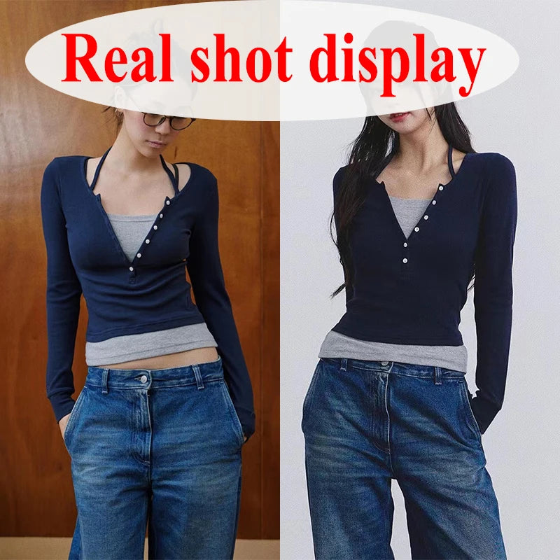 Lucyever Y2K Fake Two Piece T-Shirt Women Fashion Patchwork Aesthetic Crop Tops Female Spring Summer Slim Fit Long Sleeve Tees
