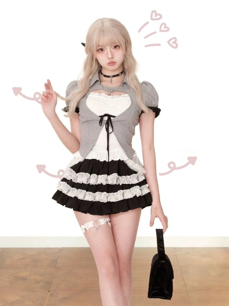 Japanese Style Kawaii 3 Piece Skirt Sets Women Sweet Tops + Casual Slim Vest + Cute Lace Mini Skirt 2000s Fashion Suit Hot Girls