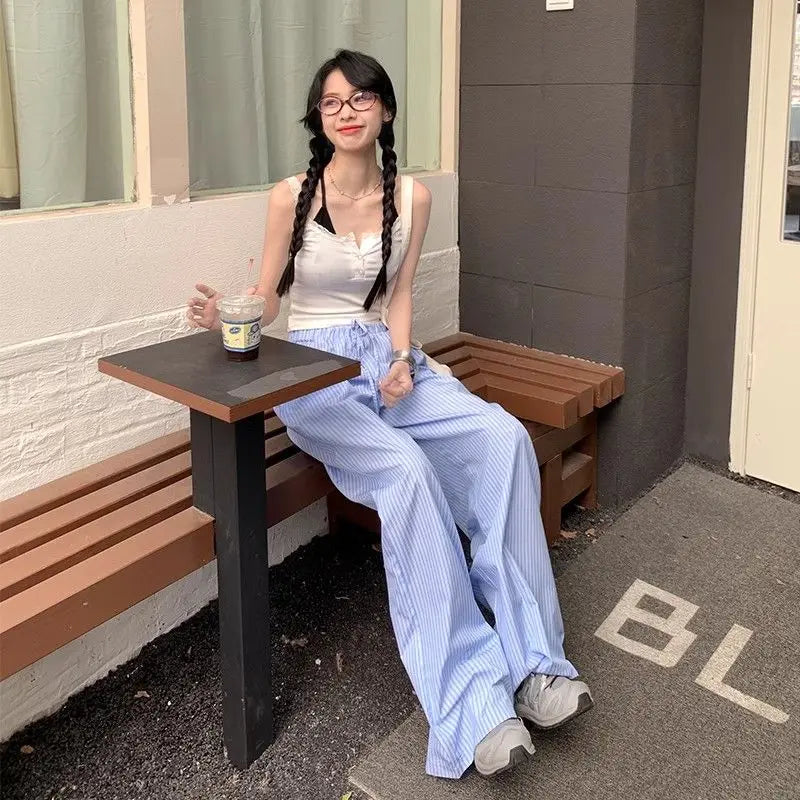 QWEEK Blue Stripe Wide Leg Pants Korean Style Thin High Waist Trousers Loose Casual Pantalones Summer Y2k Clothing