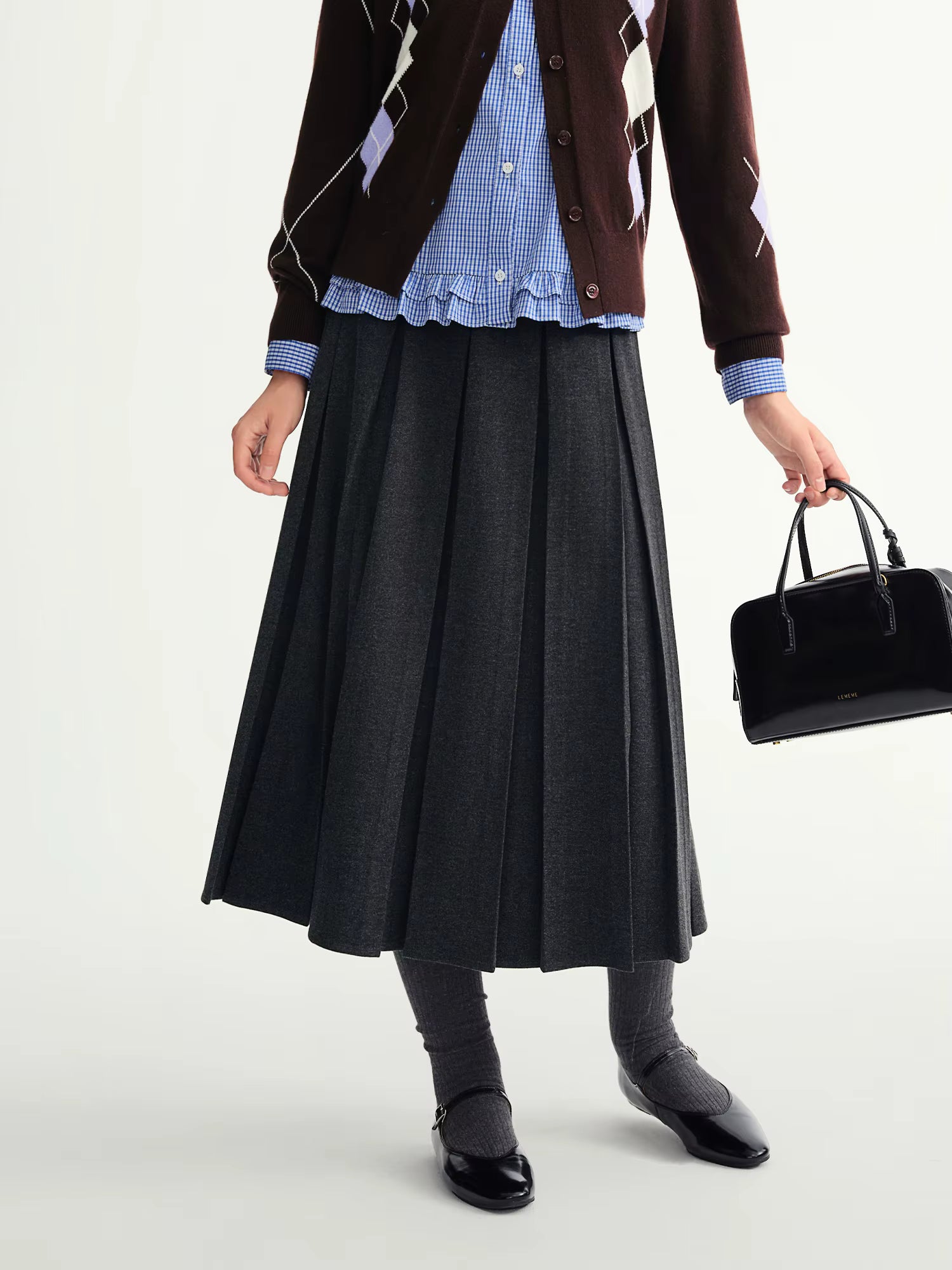 Long Pleated Skirt Women Gray Solid Simple Basics 2025 Autumn and Winter High Waist A-line Mini Skirt Korean Style