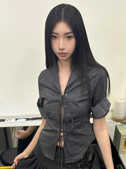 HOUZHOU Vintage Sexy Coquette Blouses Women Korean Style Punk Streetwear Striped Print Bandage Hollow Out Slim Shirts 2024 Y2k