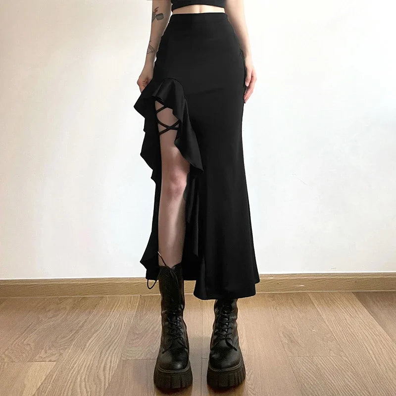 Gothic Black High Waist Bodycon Mid Skirt E-Girl Punk Ruffles Split A-Line Skirts Y2K Fashion Women Streetwear Bottoms