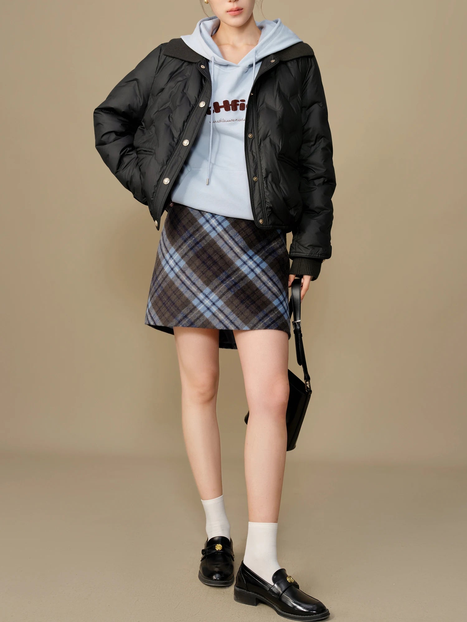 DUSHU Women Blue Plaid Mini Skirts Winter Thicken Above-Knee Length Retro Red Skirt High Waist Short Bottoms 24DS84476