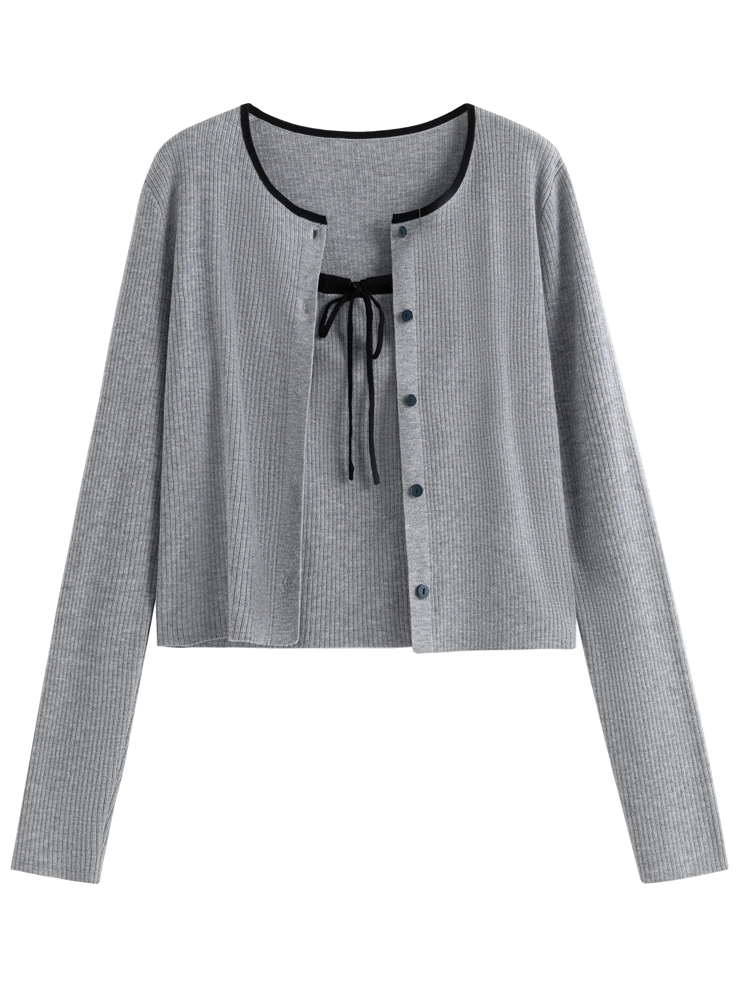 FSLE Gray Knitted Suit For Women Spring Autumn Bow Camisole Cardigan Jacket Versatile Casual Two-pieces Suit 24FS13033