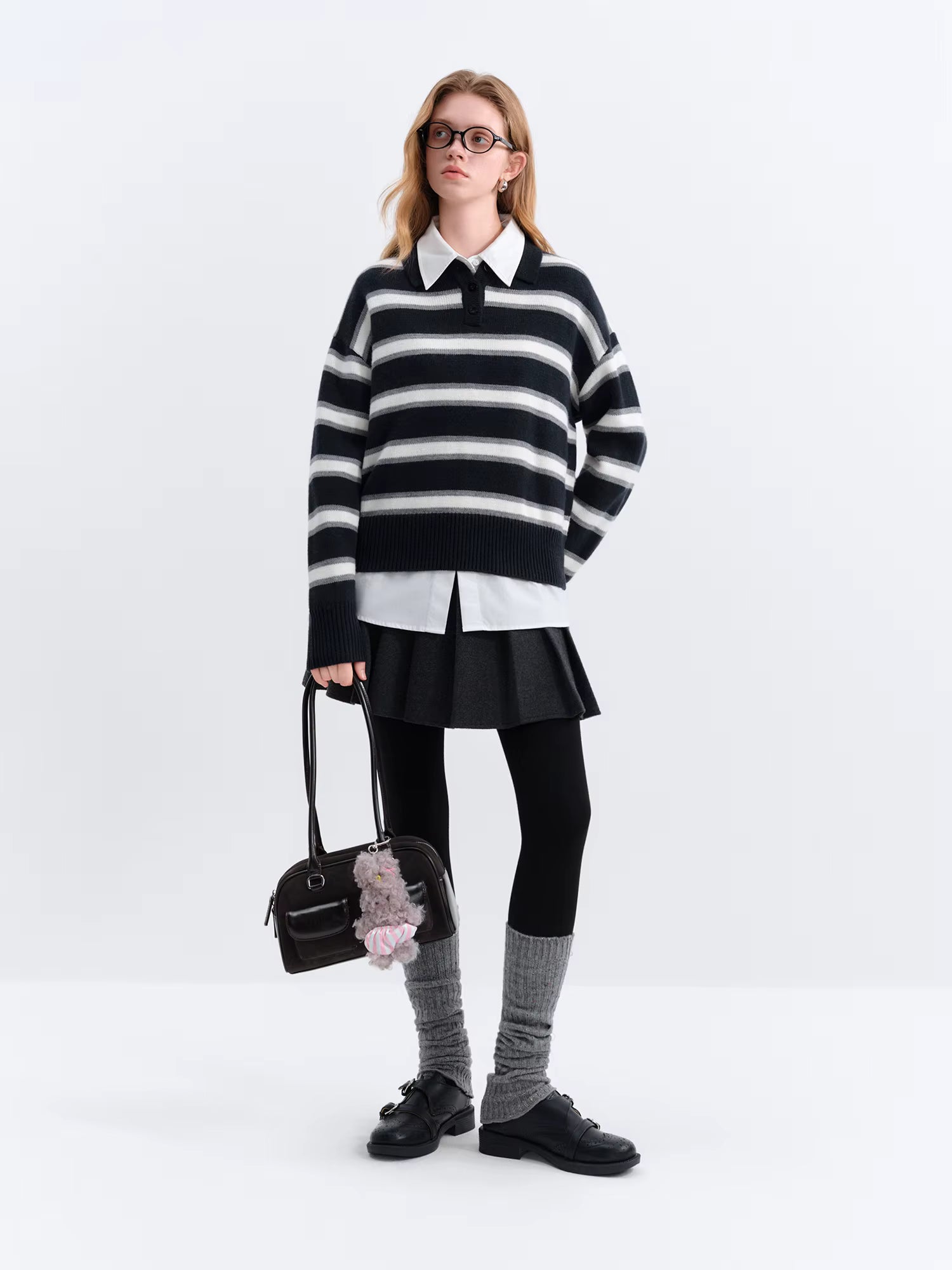 Casual Contrast Color Striped Turn Down Collar Sweater Women Loose 2025 Winter New Retro Sweater Soft Cozy Homewear