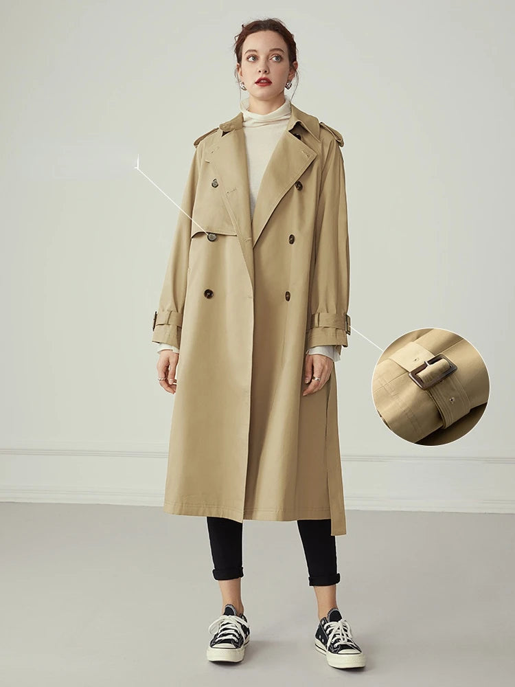 FSLE 100% Cotton Khaki Long Women Trench Coat Autumn Winter Turn Down Collar Women Clothes Causal Full Sleeve Belt Trench