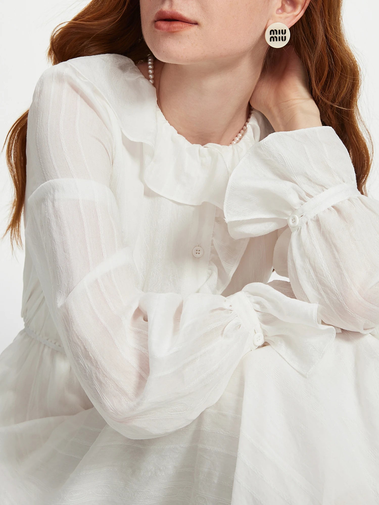 FSLE Women Autumn Long Sleeve Dress White Temperament X-LINE Dresses Ruffled Neck Design Female Solid Long Dress 24FS13260