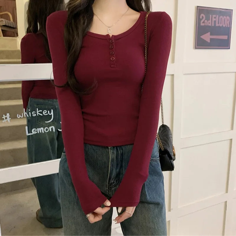 Burgundy T-shirts Women French Style Elegant Office Lady Casual Daily Temperament All-match Slim Unique Autumn Long Sleeve Tops