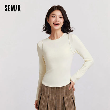 Semir Long Sleeve T-Shirt Women Round Neck Tight Subtle Design 2024 New Winter Moisture-Wicking Frayed Long Sleeve T-Shirt