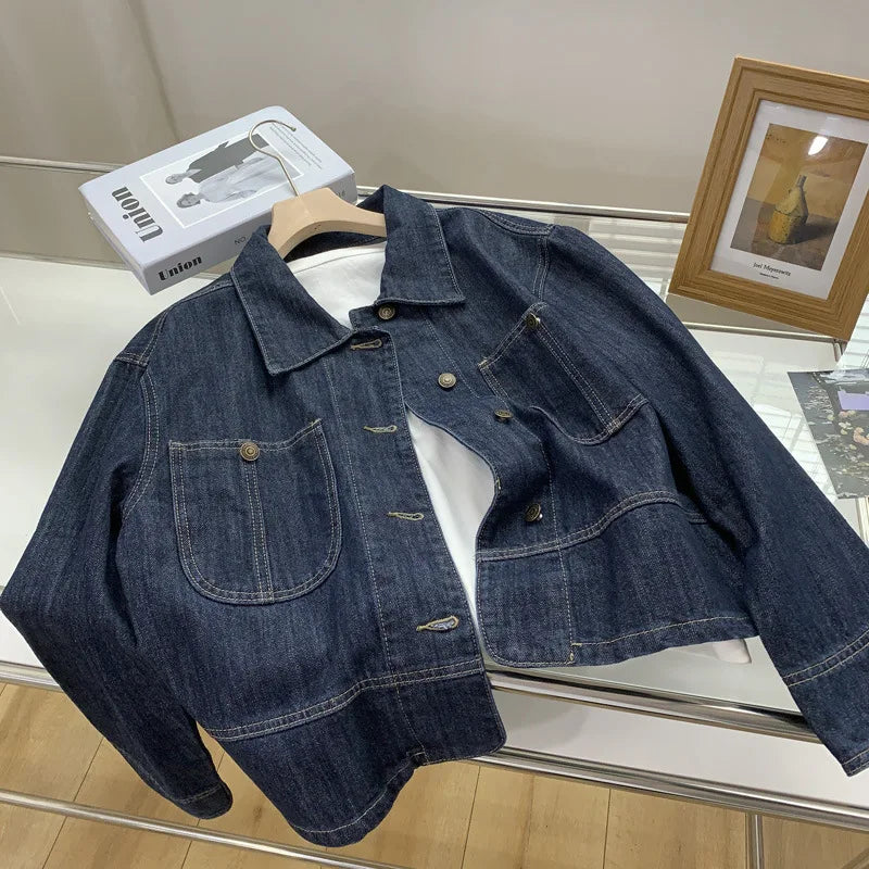 Vintage Denim Coat for Women, Long Sleeve, Lapel, Button Jean Jackets, Monochromatic, Female Fashion, Spring, Autumn, 2023