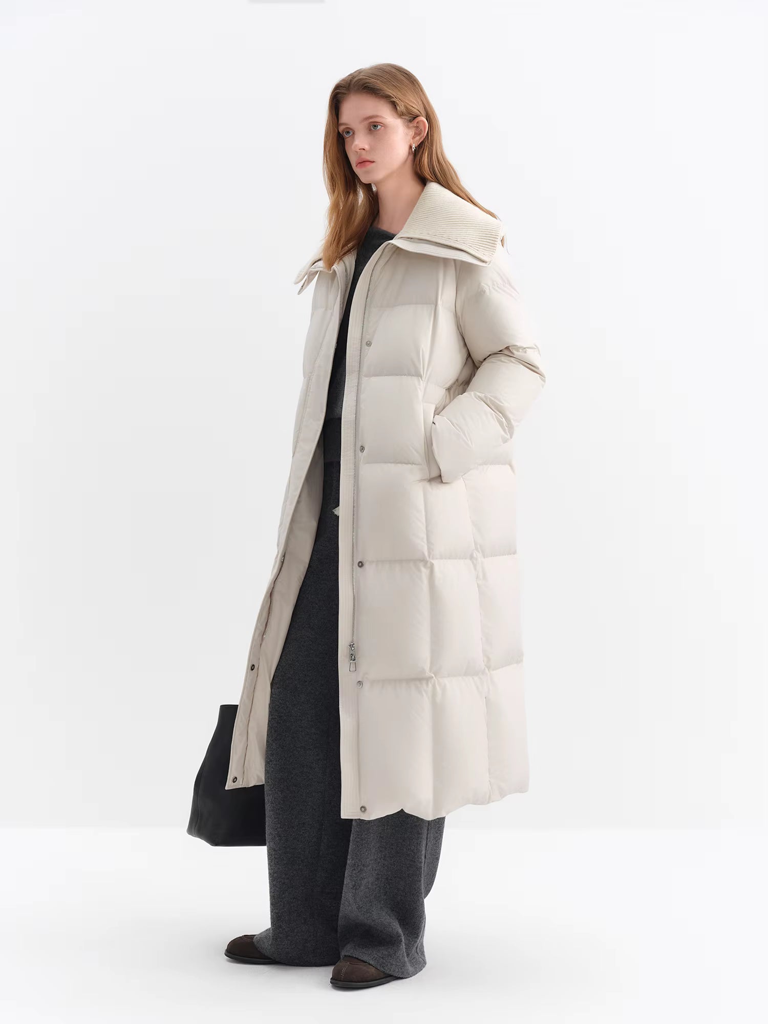 2025 Winter Women's Knit Notch Lapel Long Down Coat - Simple H-Line Design Thermal Insulated Outerwear for Casual Warmth