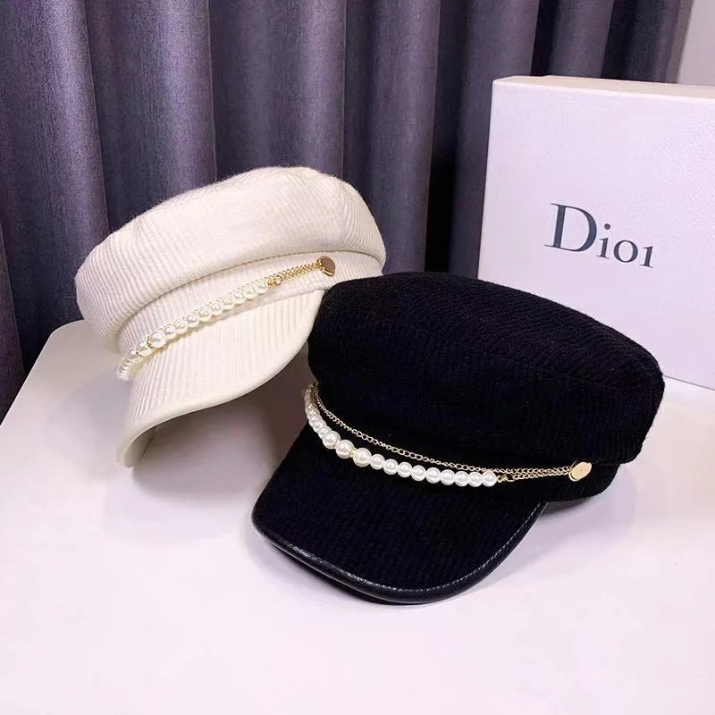 Autumn Winter Pearl Chain Flat Top Navy Hat Fashion Beret Newsboy Caps Berret Woman Octagonal Hats Women's Designer Apparel