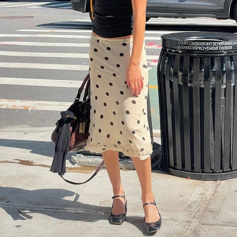 Vintage Polka Dot Bias Midi Skirt with Ruffle Hem
