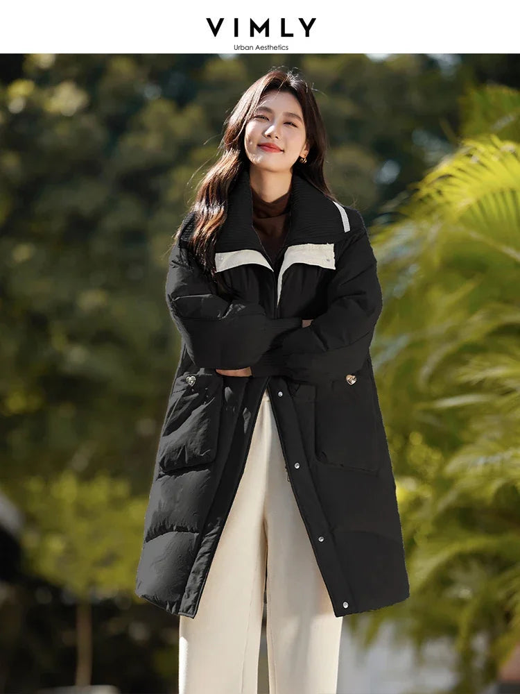 VIMLY Loose Contrast Fake 2 Piece Duck Down Coat Winter Lapel Casual Thick Warm Coat Women's Simple Office Lady Outerwear 50626