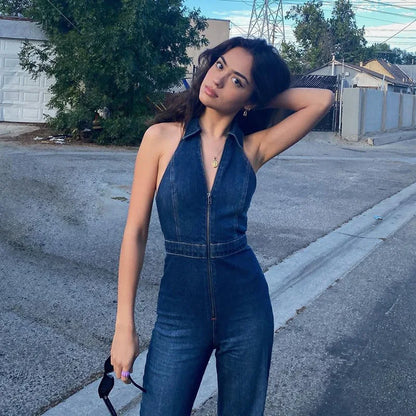 Women's sexy denim jumpsuit sleeveless V-collar slender zipper lapel tight denim jumpsuit sexy chic Y2K overalls wide-leg jeans