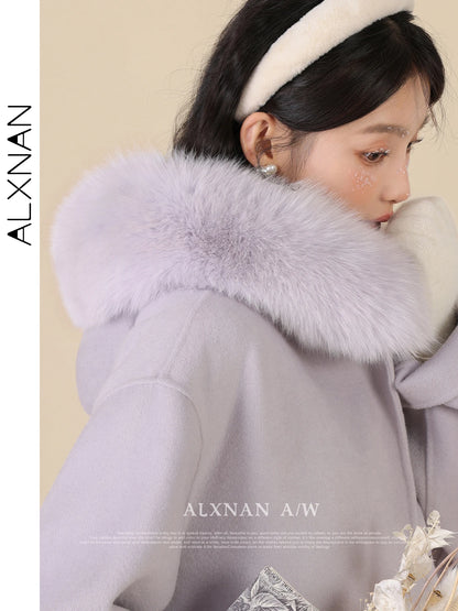 ALXNAN Light Purple Wool Coat Women 2024 Autumn Winter Warm Solid Sweet Straight Single Breasted Long Sleeve Overcoat LXN323112