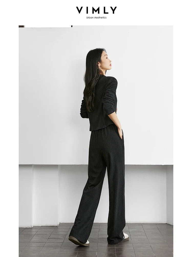 VIMLY Women's Sporty 2 Pieces Pants Sets  Autumn Simple Lapel Top Straight Pant Comfort New Office Lady Matching Sets M9037