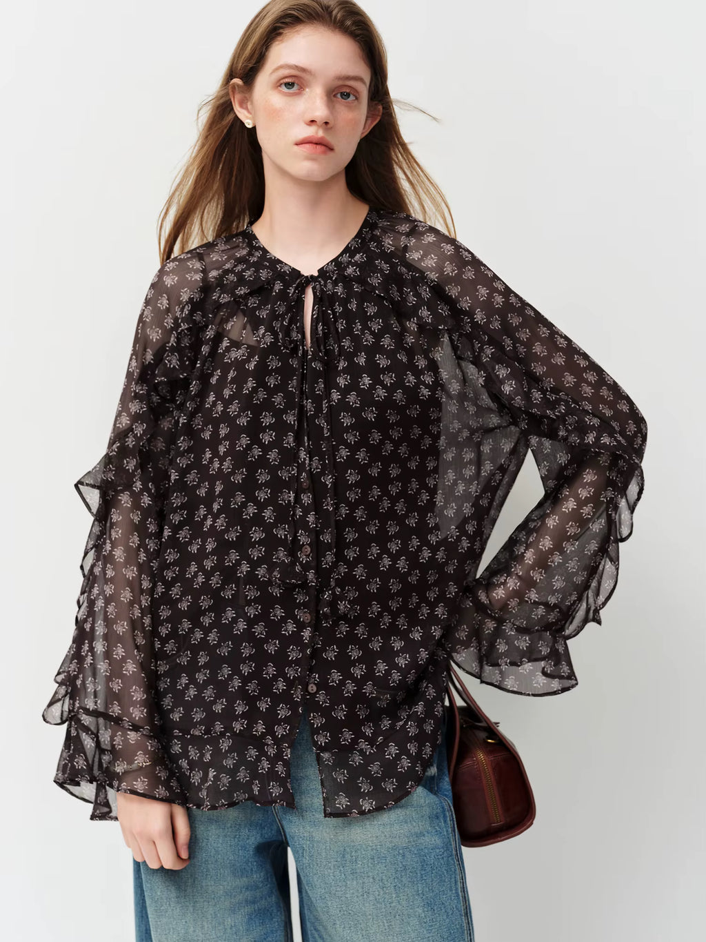 Light Elegance Spring Collection Lace Collar Tie Waist Flowy Blouse for Women 2026 Spring New Arrival Including camisole