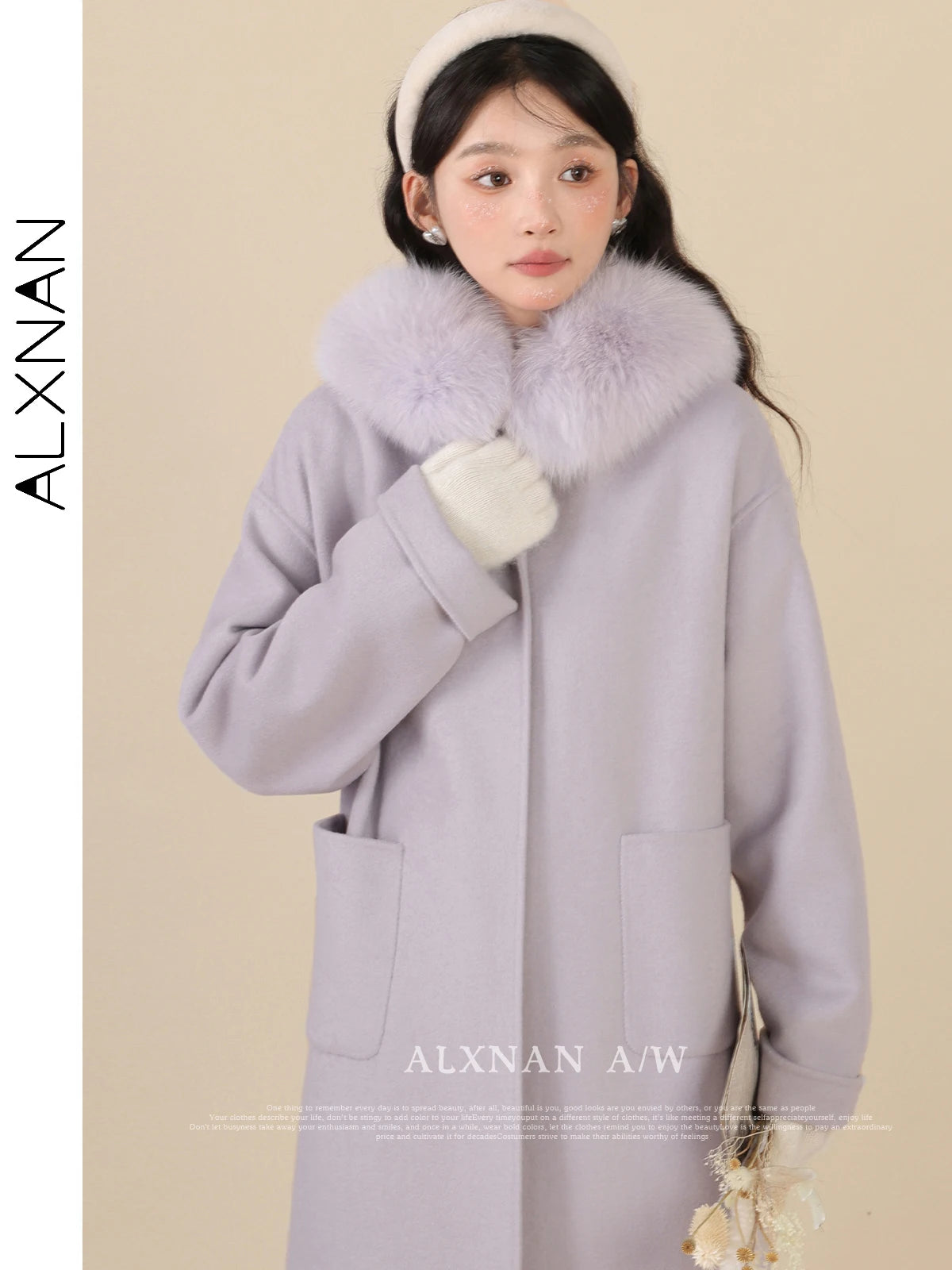 ALXNAN Light Purple Wool Coat Women 2024 Autumn Winter Warm Solid Sweet Straight Single Breasted Long Sleeve Overcoat LXN323112