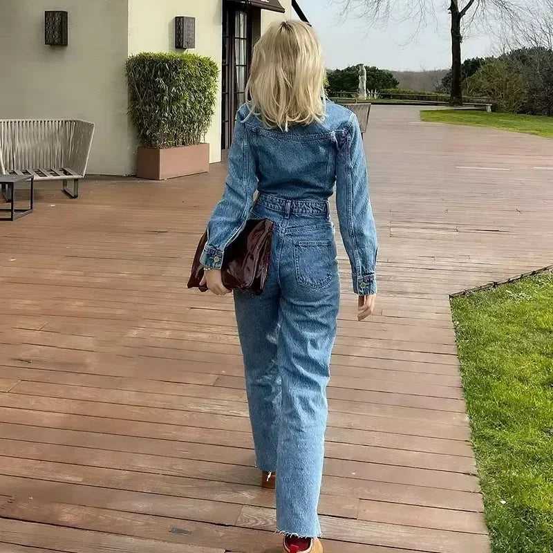 Autumn Denim Jumpsuit for Women Overalls Woman Jean Overalls Long Sleeve Elegant Jumpsuits Y2k Streetwear 2024 Turn Down Collar