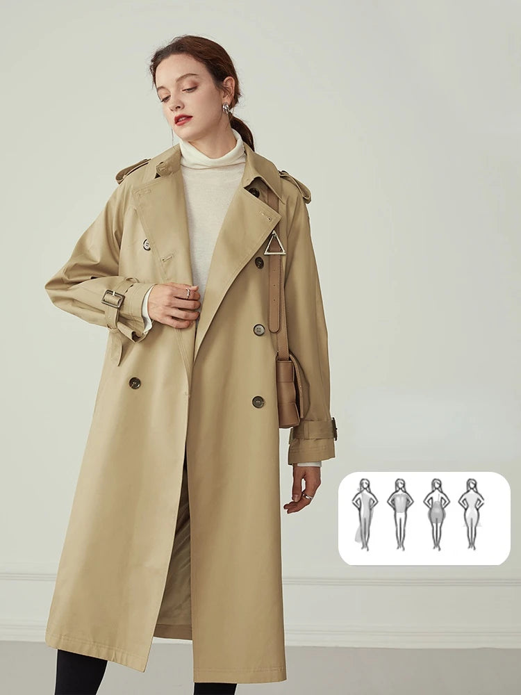 FSLE 100% Cotton Khaki Long Women Trench Coat Autumn Winter Turn Down Collar Women Clothes Causal Full Sleeve Belt Trench