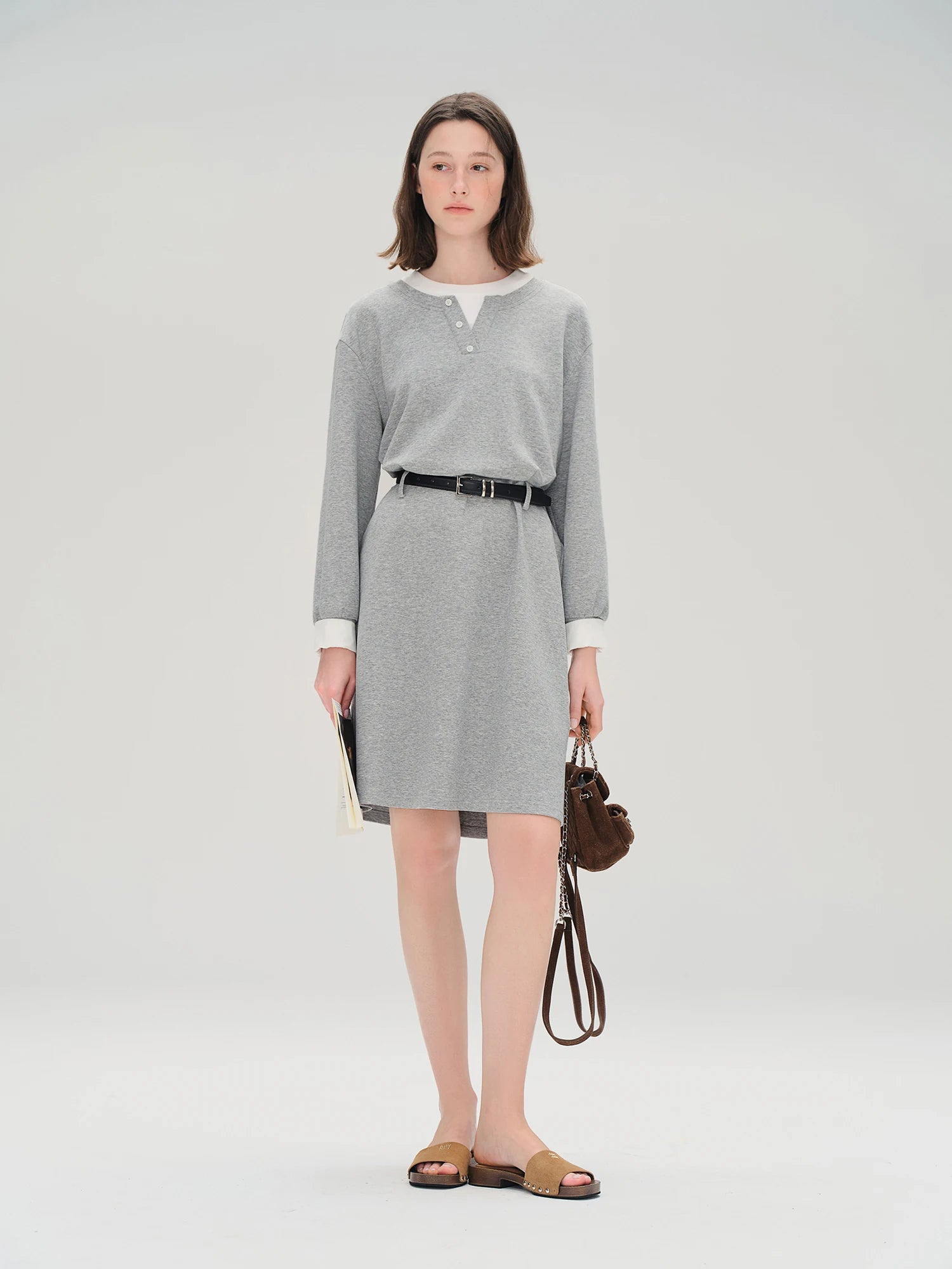 Autumn 2025 Women's Mock Layer Dress - Flattering Fit Versatile Length Shift Style Casual Elegant with Lace Trim