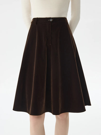 FSLE Women Winter Brown Skirts Retro Velvet Knee-Length Female Skirt 2024 Office Lady High Waist A-LINE Thicken Skirt 24FS14620