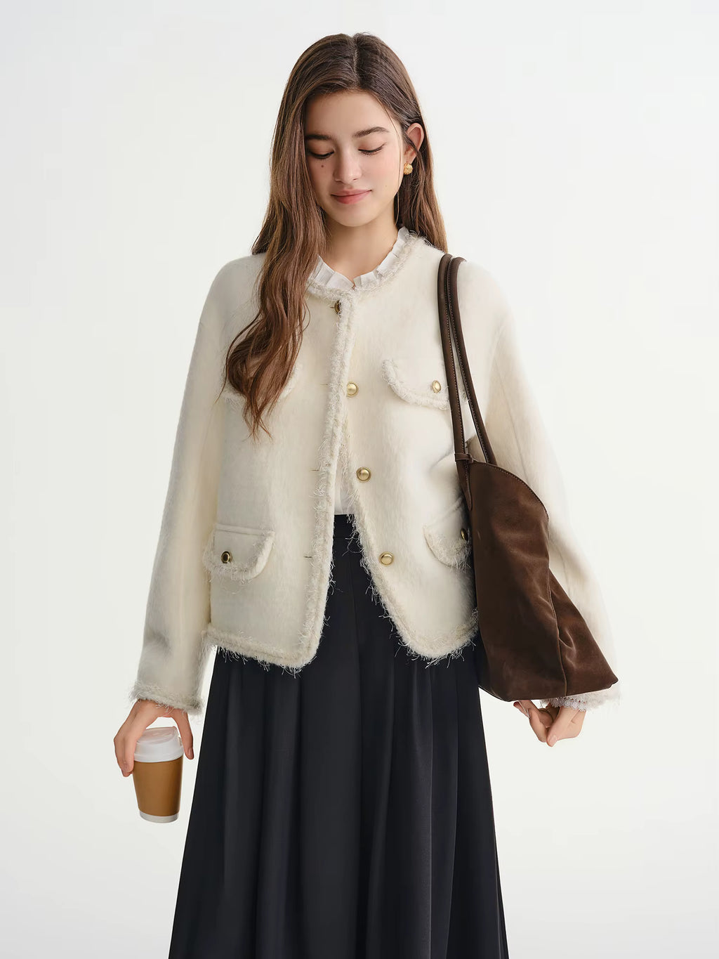 Winter 2025 Women's Alpaca Blend Tweed Coat - Fringed Trim Bouclé Jacket with Classic Collar for Casual Elegance