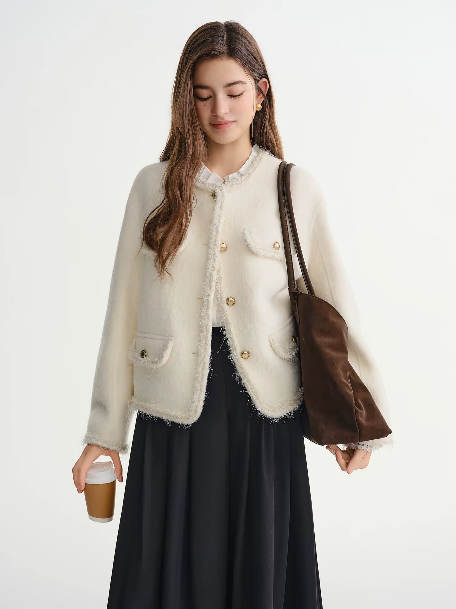 Winter 2025 Women's Alpaca Blend Tweed Coat - Fringed Trim Bouclé Jacket with Classic Collar for Casual Elegance
