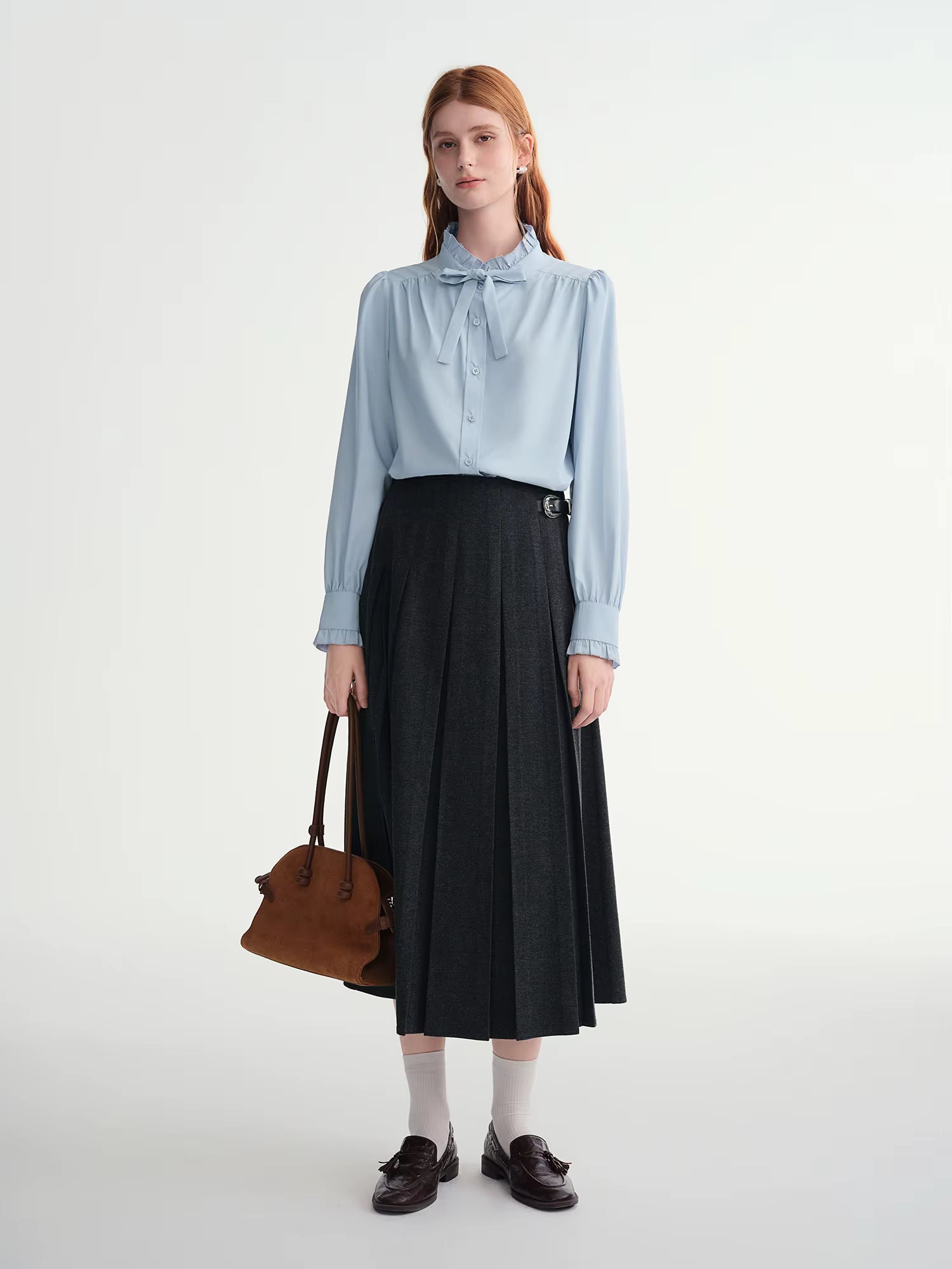 Autumn New Women's Puff Sleeve Blouse 2025 Autumn Winter New Ruffle Collar Tie-Front Shirt Elegant Casual Office Wear Tops
