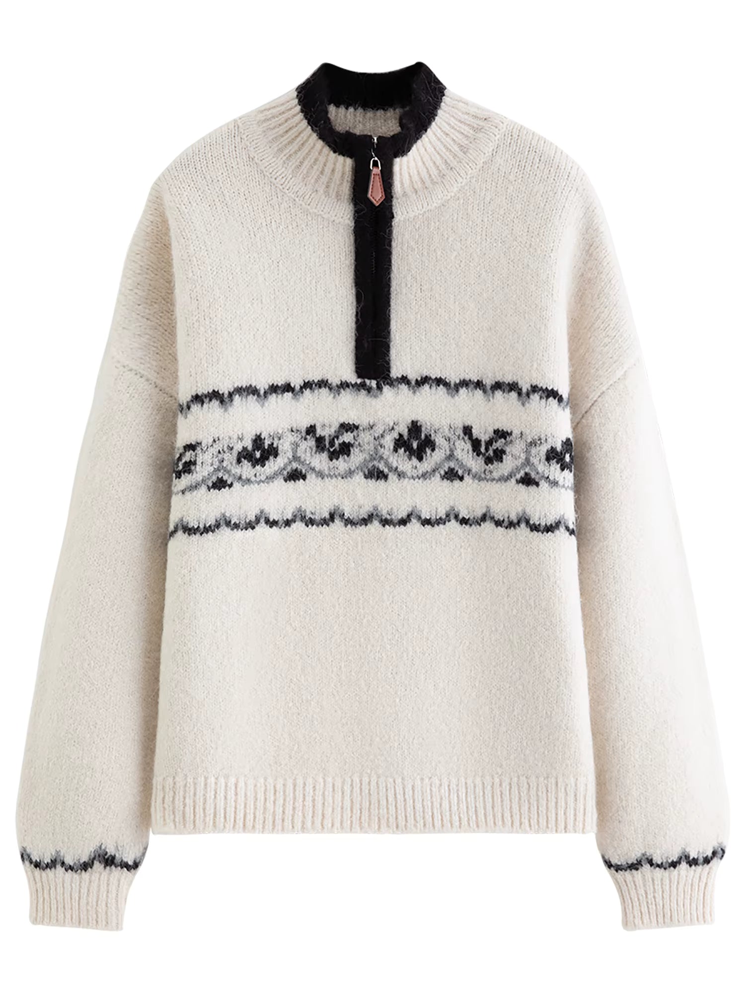 Vintage Fair Isle Jacquard Knit Sweater for Women 2025 Winter New Arrival Semi Open Front Zip-Up Pullover Winter Sweaters