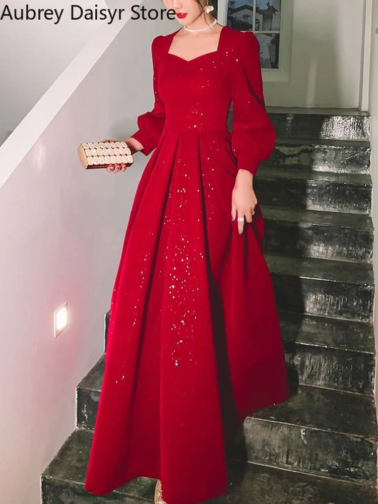 Elegant Red Sequins Midi Dress Women Vintage V-neck Formal Occasions Evening Party Dresses Fashion Chic Design New in Dresses