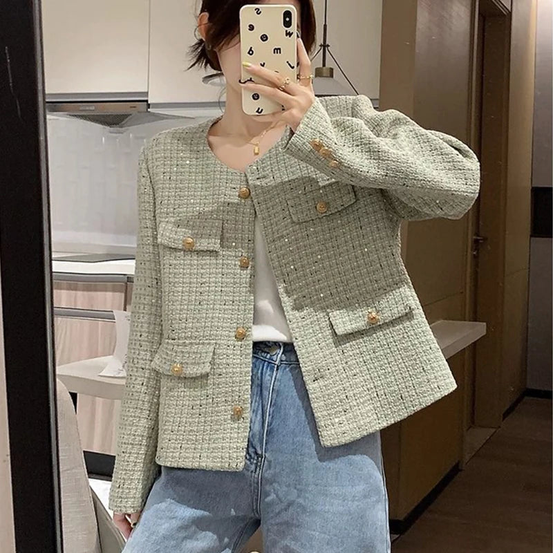 Hdspq Chic Striped Tweed Jackets Women 2023 Autumn Woman O Neck Long Sleeve Coats Woman with Pocket Korean Style Jacket Outwear