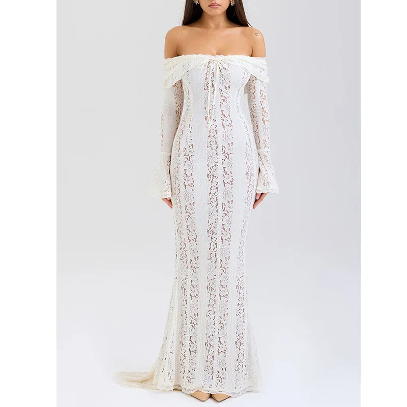 Elegant Off-Shoulder Lace Maxi Dress with Flared Sleeves and High-Low Hem