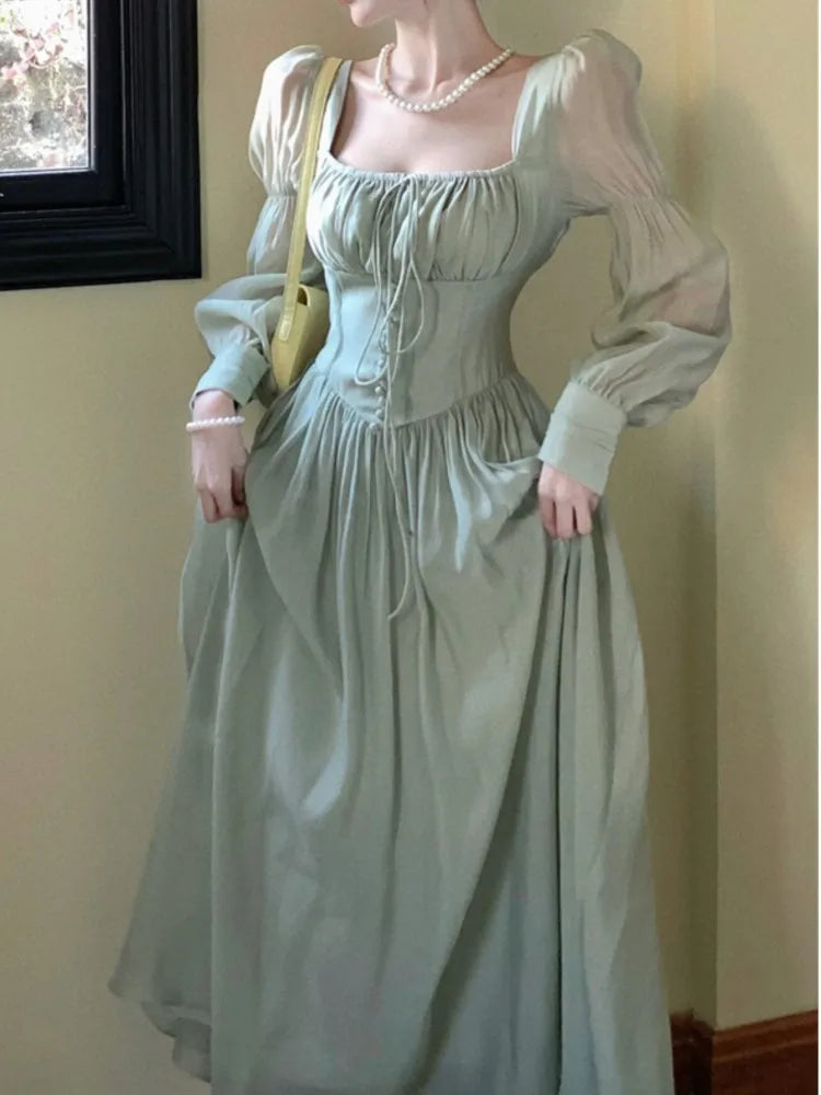 Elegant Princess High Waist A-line Lace Up French Vintage Dress