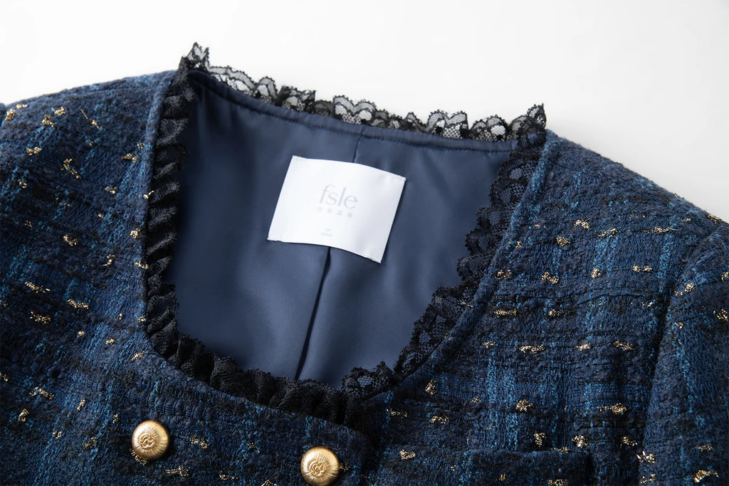 Cropped Jacket for Women 2025 Autumn New Exquisite Lace Stitching Long Sleeve Coats Top