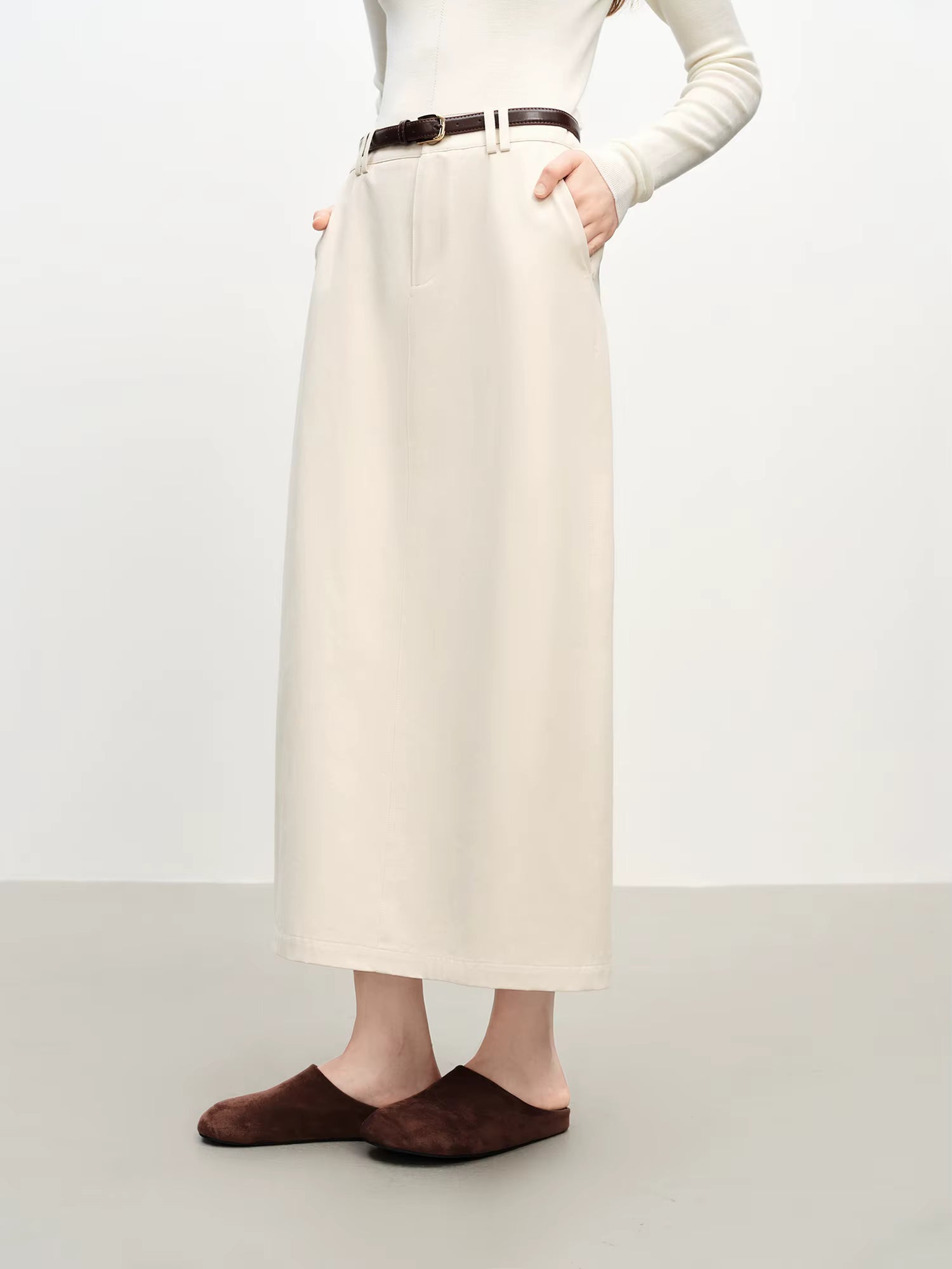 Extra Long Cotton Straight Skirt for Women Commuting 2025 Autumn and Winter New Style with Belt
