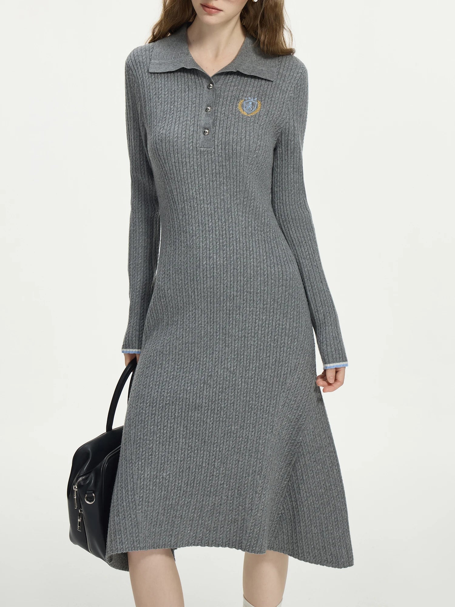 FSLE Office Lady College Style Embroidered Lapel Slim Fit Solid Color Knitted Dress 2024 Winter New Style Interior 24FS14353